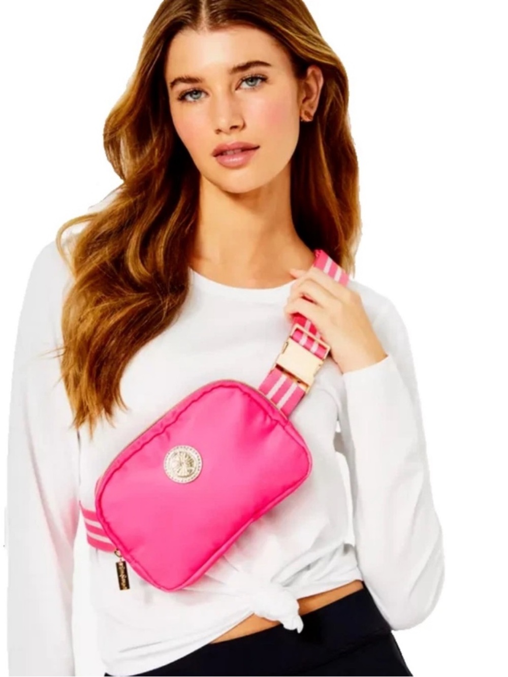 Lilly Pulitzer Vibrant Pink Crossbody Belt Bag with Striped Strap